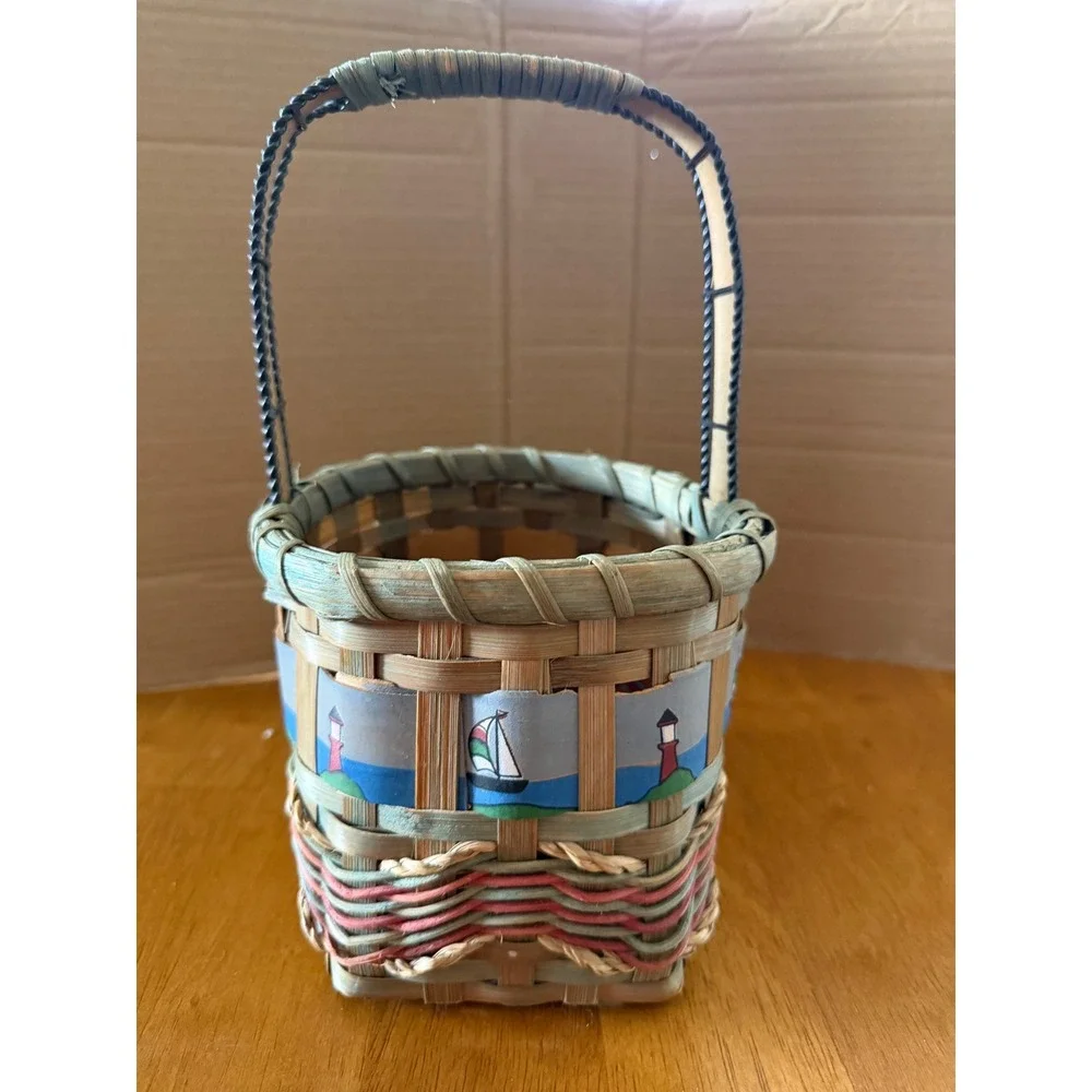 Nautical Woven Splint Basket Hand Painted Lighthouse Sailboat Anchor Decor